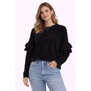 Zara Knit Sweater Womens Small Black Chenille Ruffle Sleeve Crew Neck Pullover